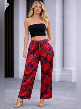 J.Crew Drapey Pull-On Pant in Lattice Floral Red Blue Size 10 NWT